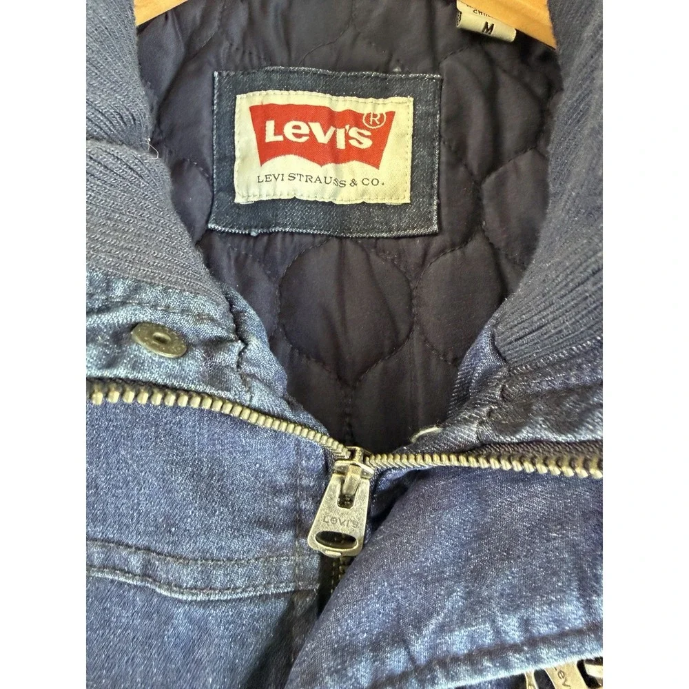 Levi's Jacket Mens Medium Blue Denim Quilted Lined Zip Snap Front Stand Collar